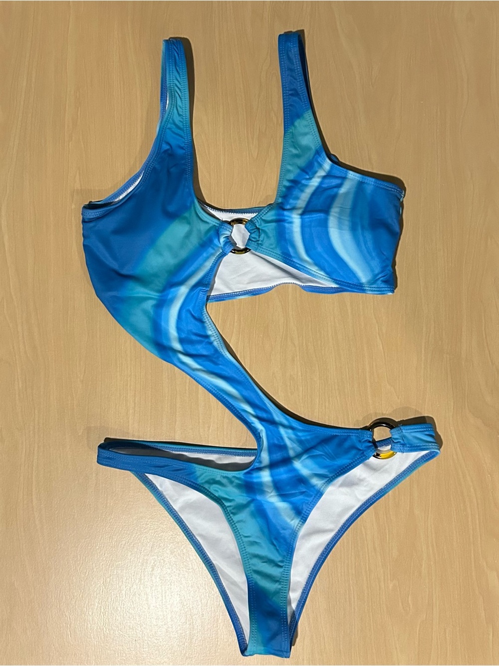 Women's Blue Tie-Dye Cutout Bikini with Ring Accents
